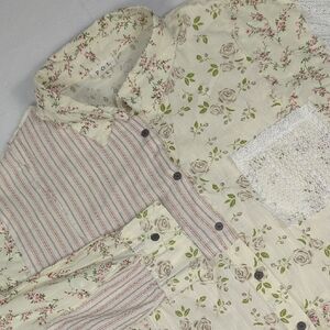 POL Floral Patchwork Lace Oversize Button Down Bohemian Western Shirt Women's L